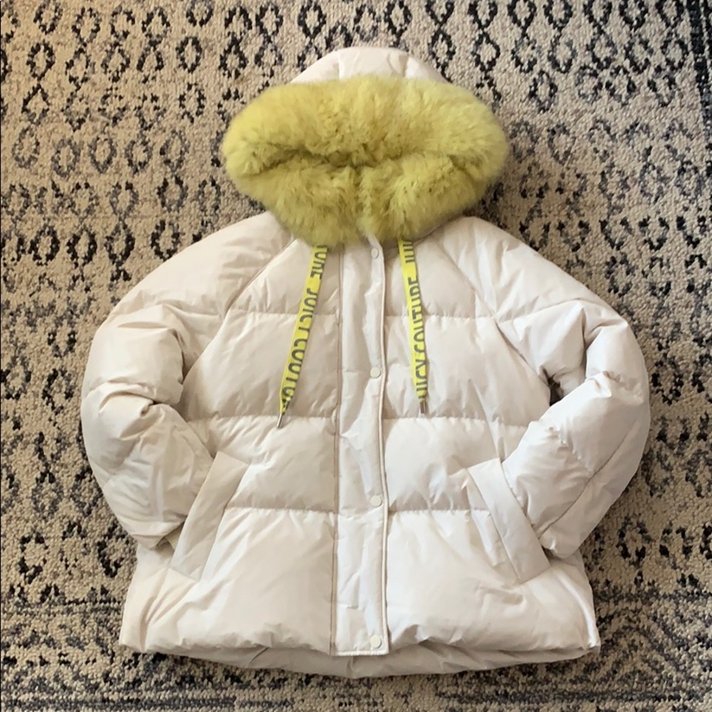 Ivory and Neon Yellow Fur Cropped Puffer Jacket